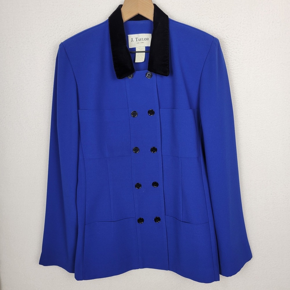 Vtg J. Taylor Royal Blue Blazer Black Velvet Collar 90s Double Breasted Corpcore